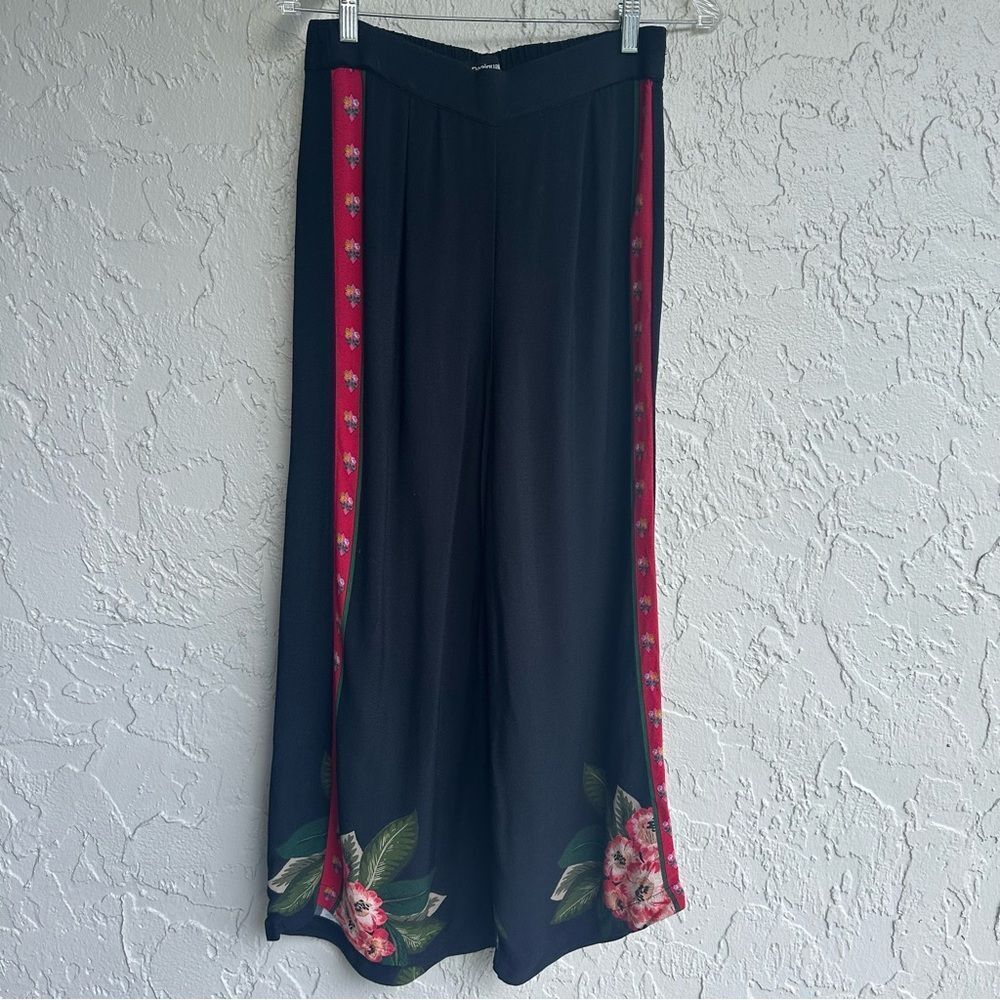 Desigual Black Wide Leg Pants with Red Floral Trim - Picture 3 of 11